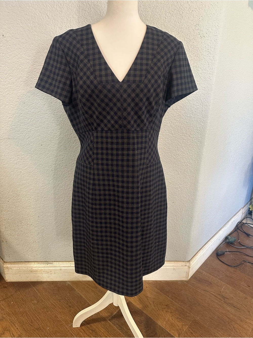 Brooks Brothers Navy and Dark Green Checked V-Neck Midi Dress
